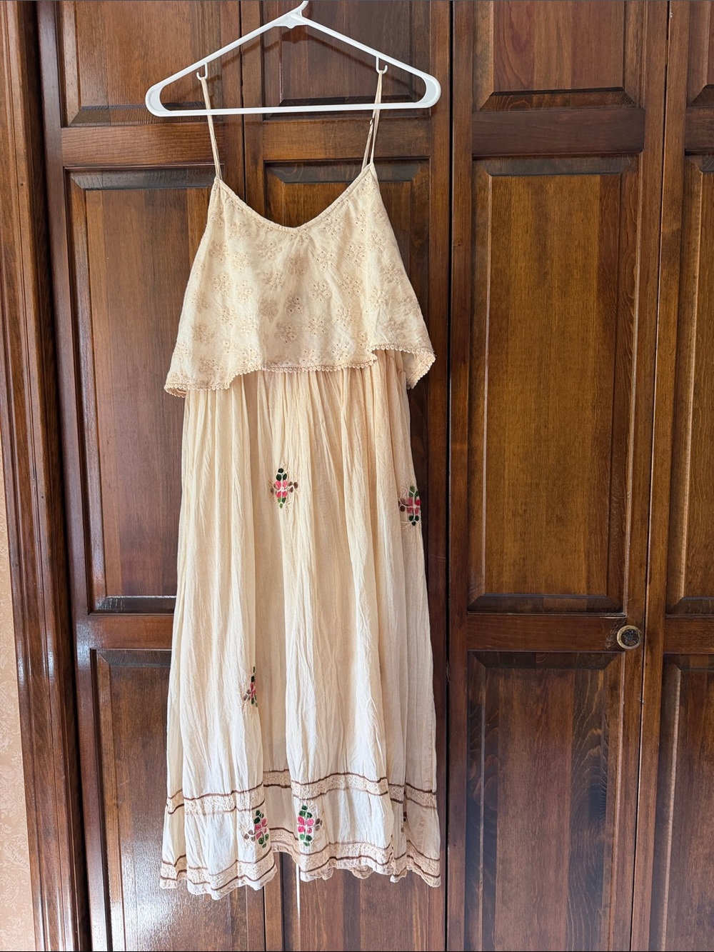 Boho Cream Embroidered Spaghetti-Strap Maxi Dress